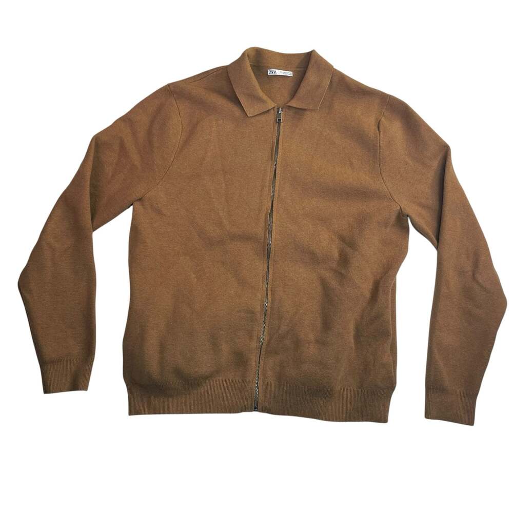 Zara Men's Full Zip Knit Polo Sweater Brown Size L